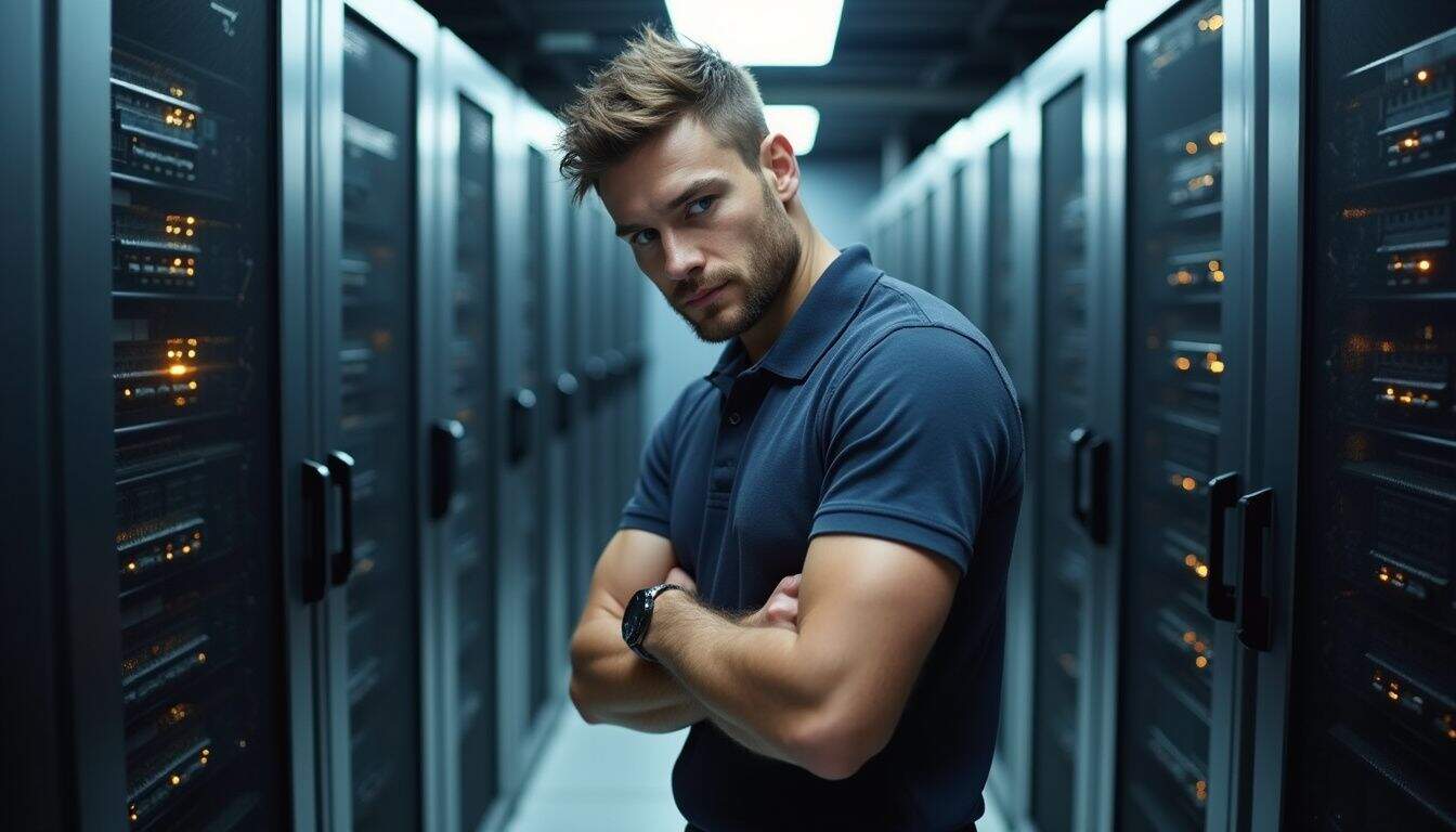 A focused man inspects server racks for pests in a tidy server room. A focused man inspects server racks for pests in a tidy server room.