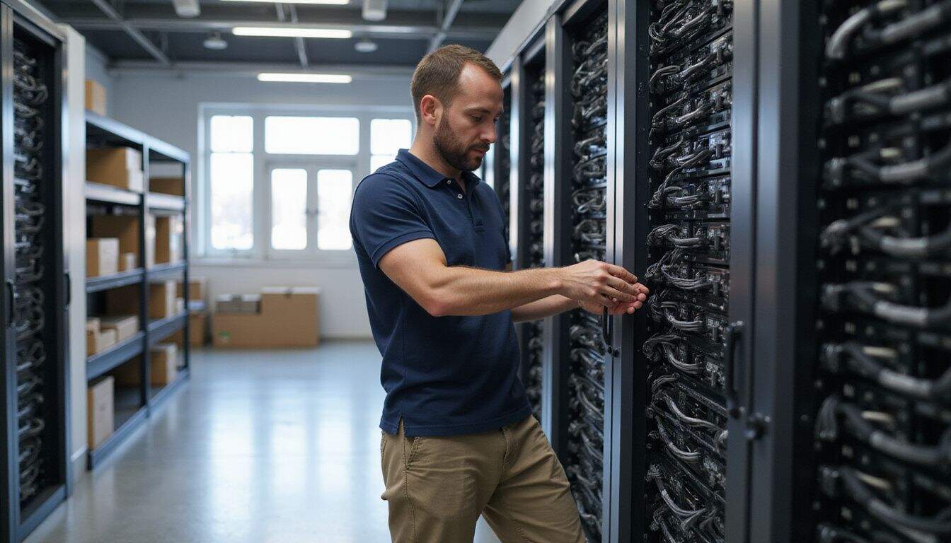 A technician inspects neatly organized server racks in a pristine, climate-controlled server room. A technician inspects neatly organized server racks in a pristine, climate-controlled server room.