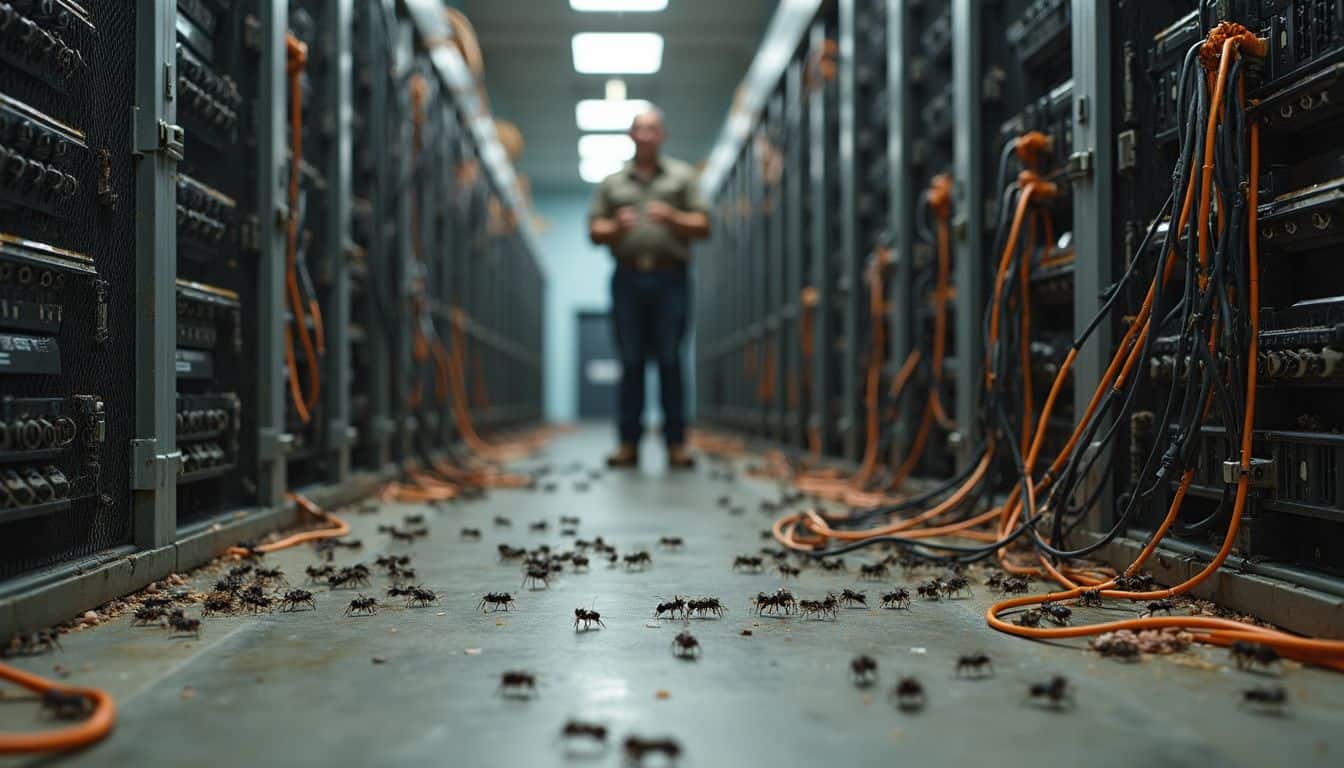 A technician gestures in a cluttered server room filled with dusty servers, frayed cables, and tiny ants. A technician gestures in a cluttered server room filled with dusty servers, frayed cables, and tiny ants.