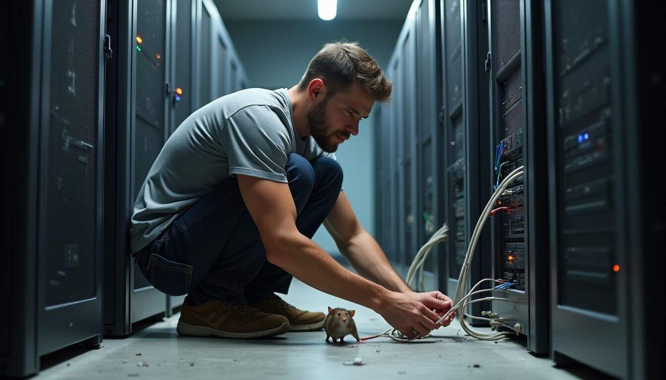 An IT technician inspects server cables in a cluttered server room, while a rat nibbles on a loose wire. An IT technician inspects server cables in a cluttered server room, while a rat nibbles on a loose wire.