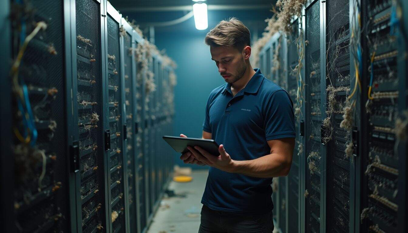 A technician inspects cluttered server racks in a neglected room filled with tangled cables and signs of disrepair. A technician inspects cluttered server racks in a neglected room filled with tangled cables and signs of disrepair.