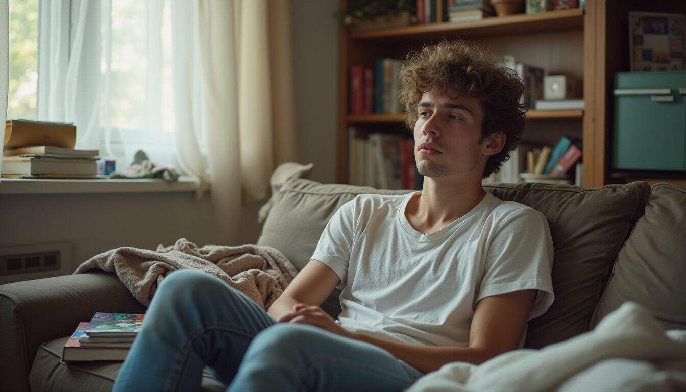 A young man sits on a worn couch, surrounded by scattered books and papers, looking tired. A young man sits on a worn couch, surrounded by scattered books and papers, looking tired.