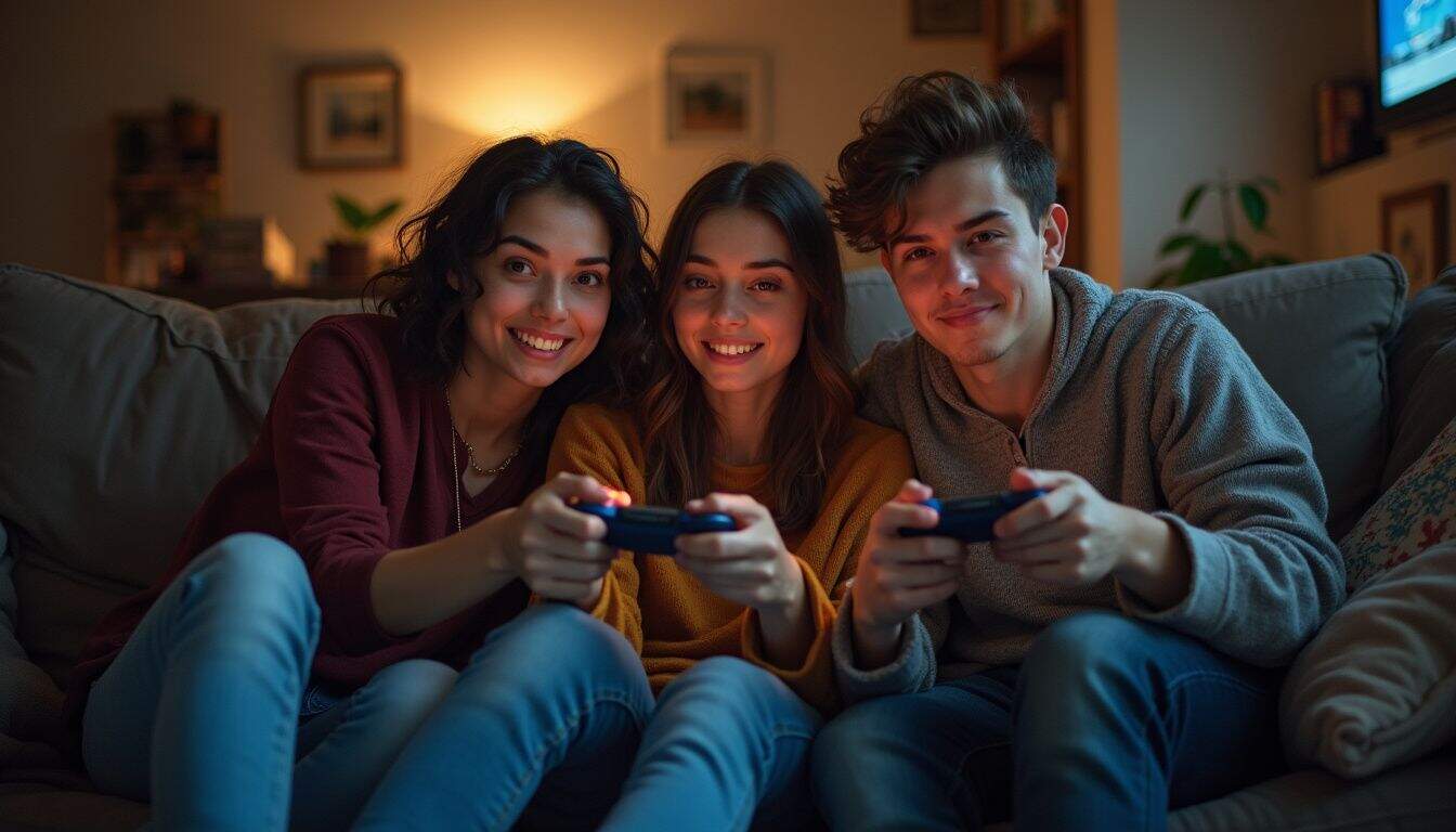 Friends casually playing a video game together on a worn couch in a cozy living room. Friends casually playing a video game together on a worn couch in a cozy living room.
