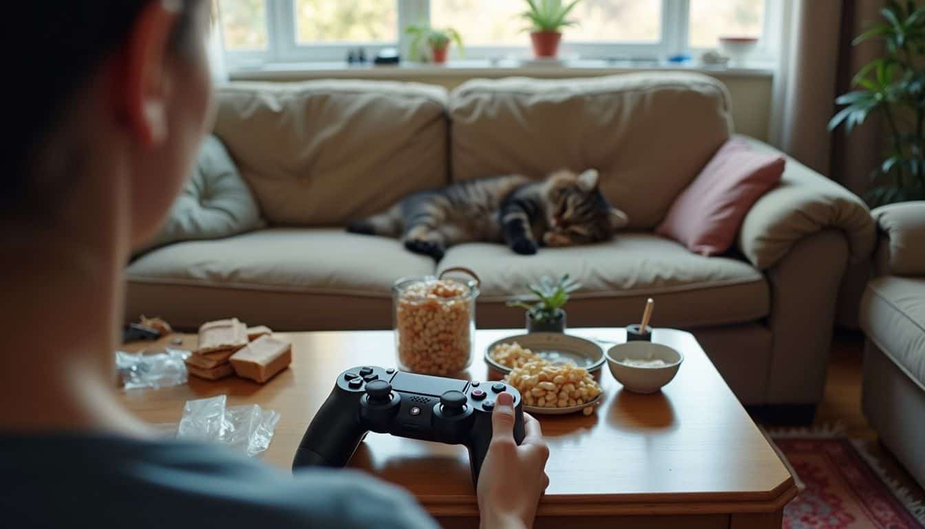 A cozy living room with snacks and a cat, suggesting a relaxed game night. A cozy living room with snacks and a cat, suggesting a relaxed game night.