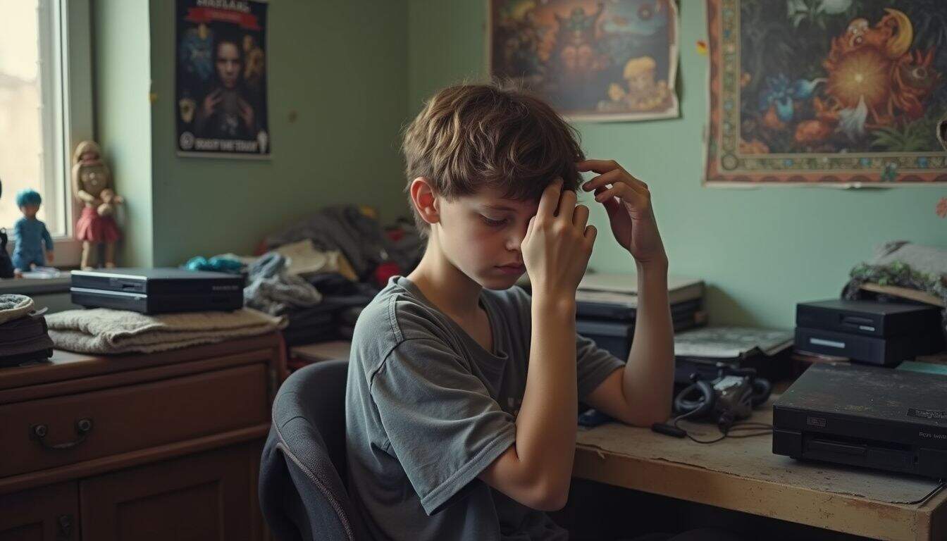 A frustrated teen sits in a cluttered room with gaming devices and tilted posters. A frustrated teen sits in a cluttered room with gaming devices and tilted posters.