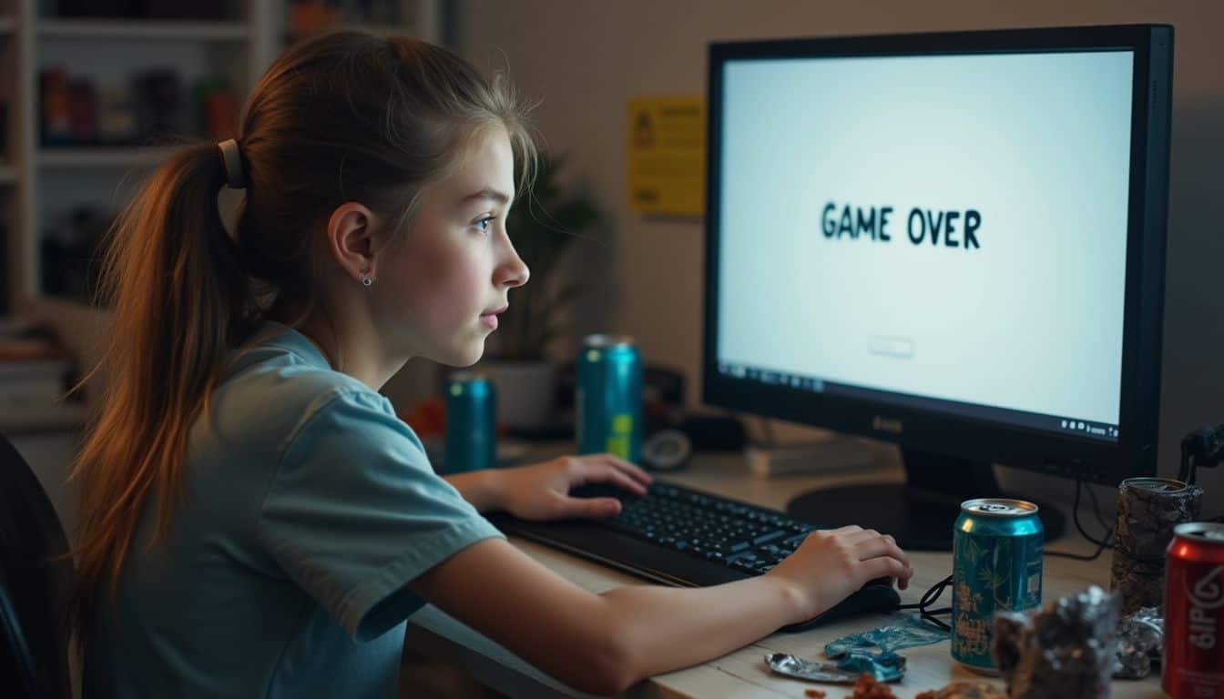 A teen sits alone in a messy room facing a computer with a Game Over screen. A teen sits alone in a messy room facing a computer with a Game Over screen.