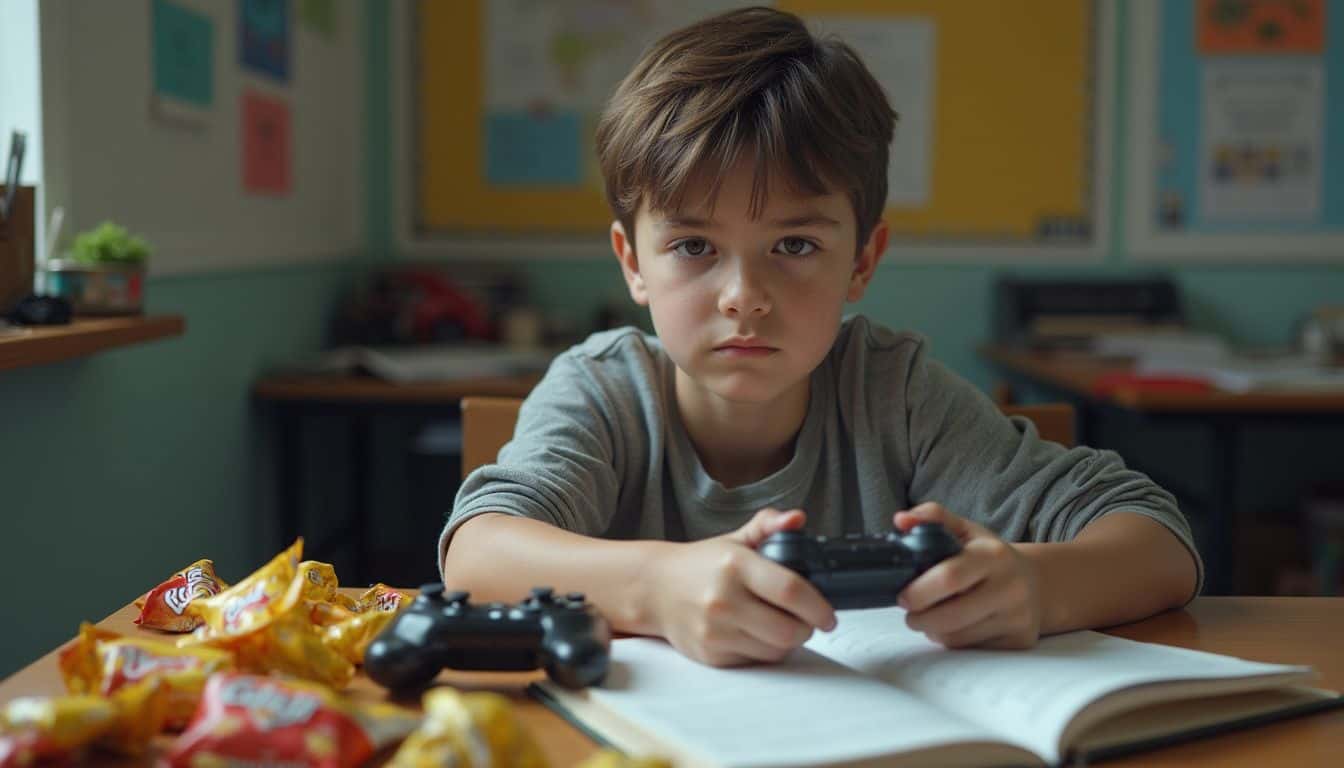 A tired teen at a messy desk with controllers and snacks, looking distracted. A tired teen at a messy desk with controllers and snacks, looking distracted.