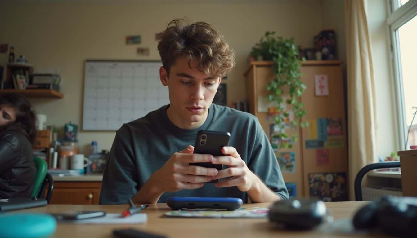 A young man sets a timer on his phone while hanging out near gaming gear. A young man sets a timer on his phone while hanging out near gaming gear.