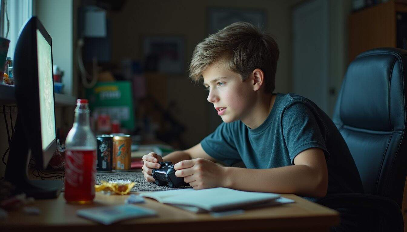 A tired teen at a cluttered desk playing games near snack debris. A tired teen at a cluttered desk playing games near snack debris.