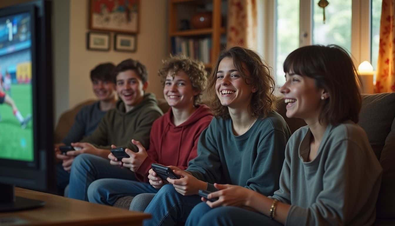 A group of friends talking on a couch while watching a game. A group of friends talking on a couch while watching a game.
