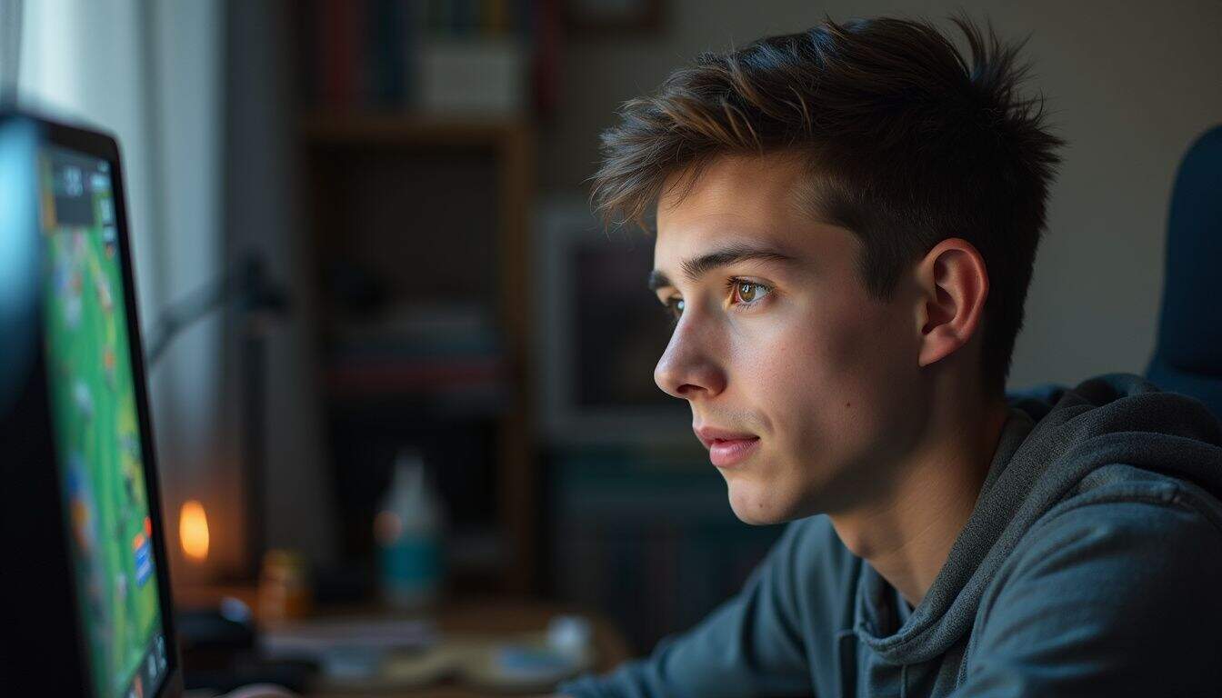 A young adult focused on a strategy game, surrounded by everyday clutter. A young adult focused on a strategy game, surrounded by everyday clutter.