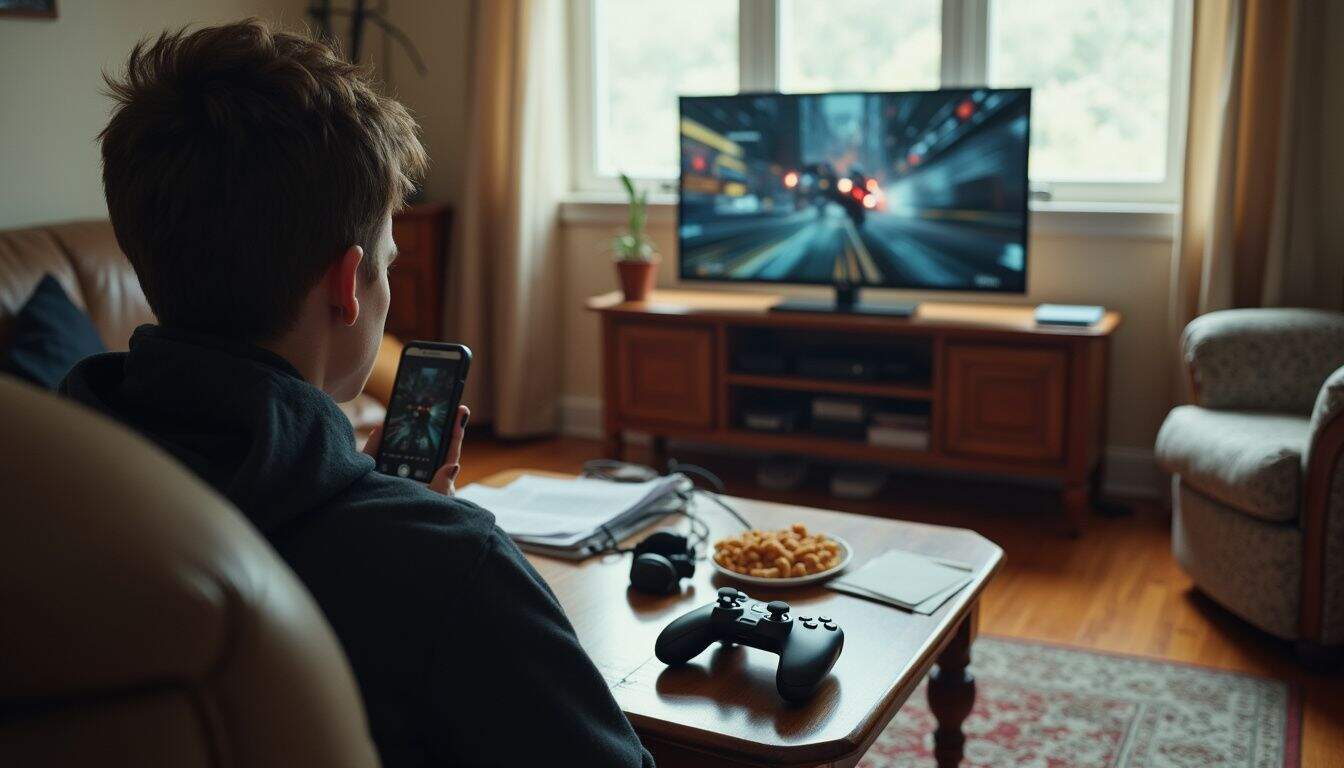 A living room with a controller and an action game on TV, hinting at fast-paced play. A living room with a controller and an action game on TV, hinting at fast-paced play.