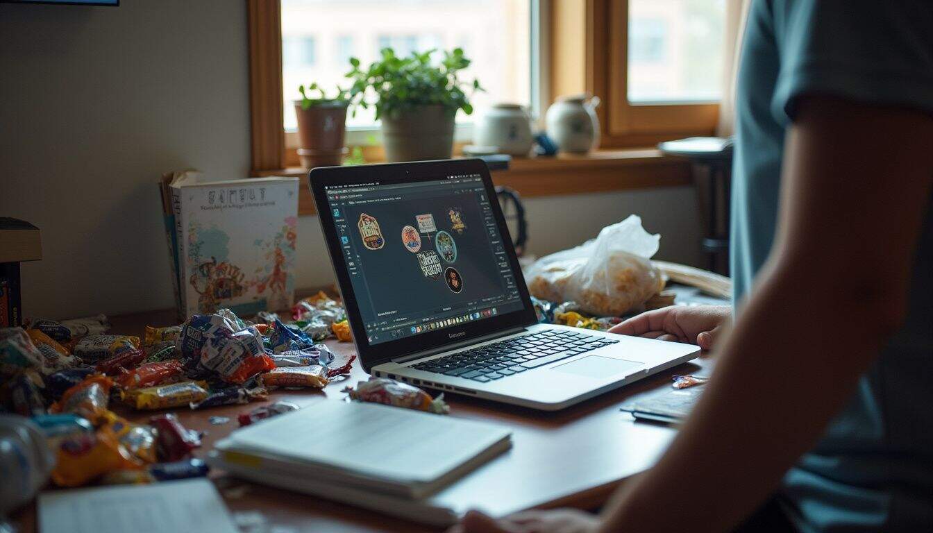 A cluttered desk with a laptop and snacks, hinting at lost focus. A cluttered desk with a laptop and snacks, hinting at lost focus.