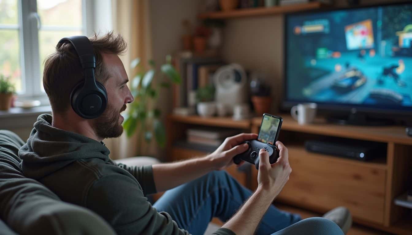 A focused adult plays a game in a lived-in living room. A focused adult plays a game in a lived-in living room.