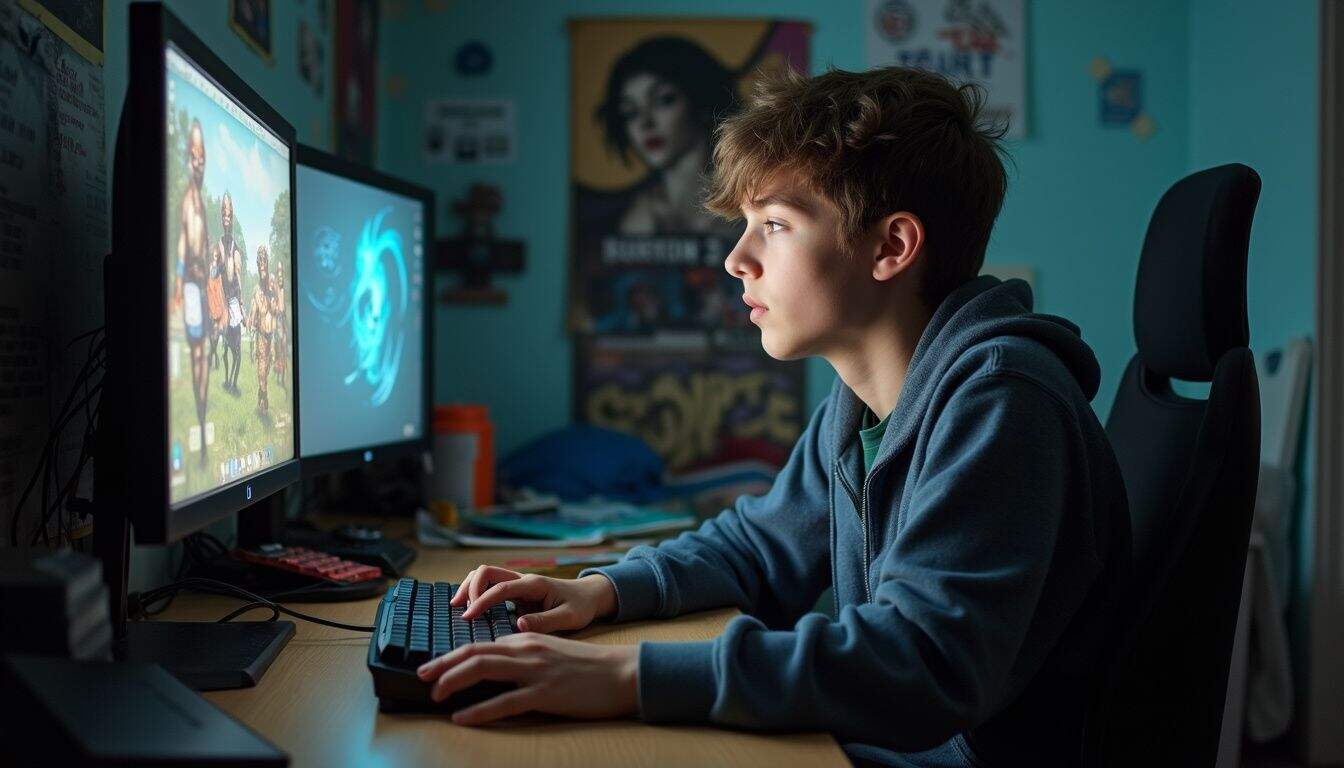 A teenage boy sits in a messy bedroom, engrossed in a video game on his computer. A teenage boy sits in a messy bedroom, engrossed in a video game on his computer.