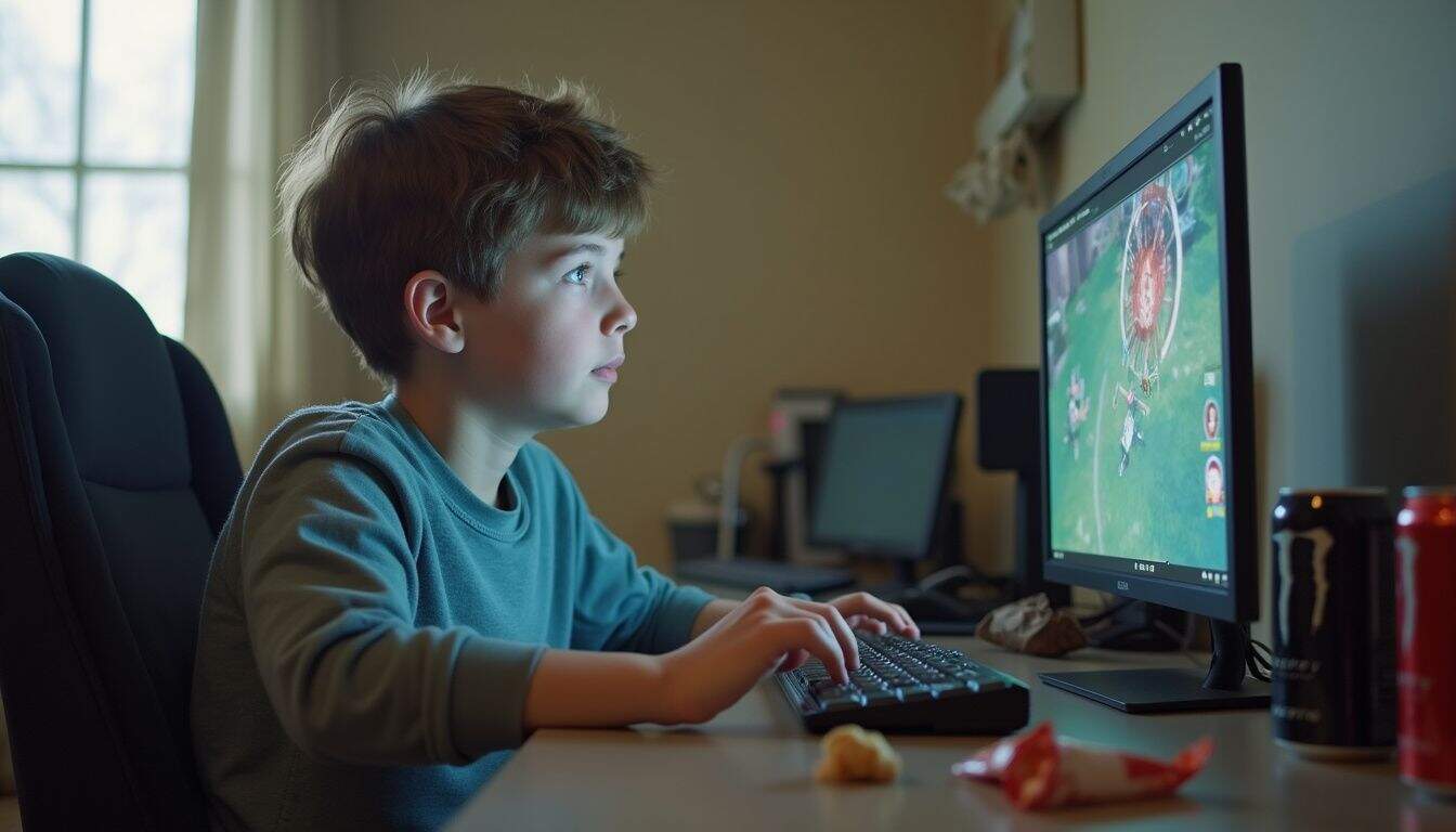 A teen focused on a computer, surrounded by snack wrappers and energy drink cans. A teen focused on a computer, surrounded by snack wrappers and energy drink cans.