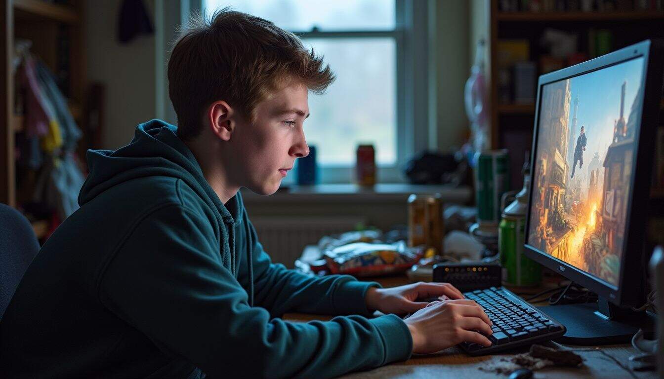 A teen focused on bright game graphics at a messy desk. A teen focused on bright game graphics at a messy desk.