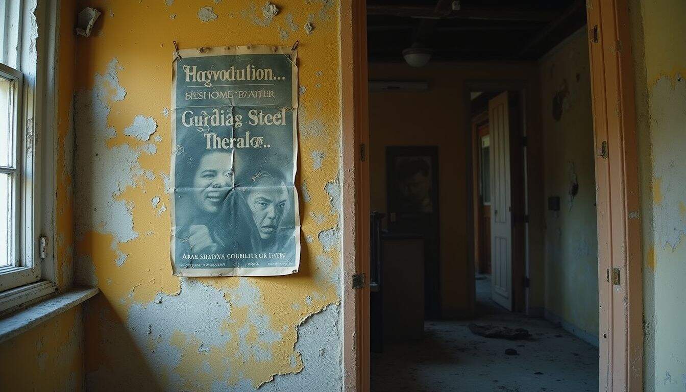 An abandoned film set corner displays dusty posters for an unfinished Sapphire & Steel remake, exuding a neglected atmosphere. An abandoned film set corner displays dusty posters for an unfinished Sapphire & Steel remake, exuding a neglected atmosphere.