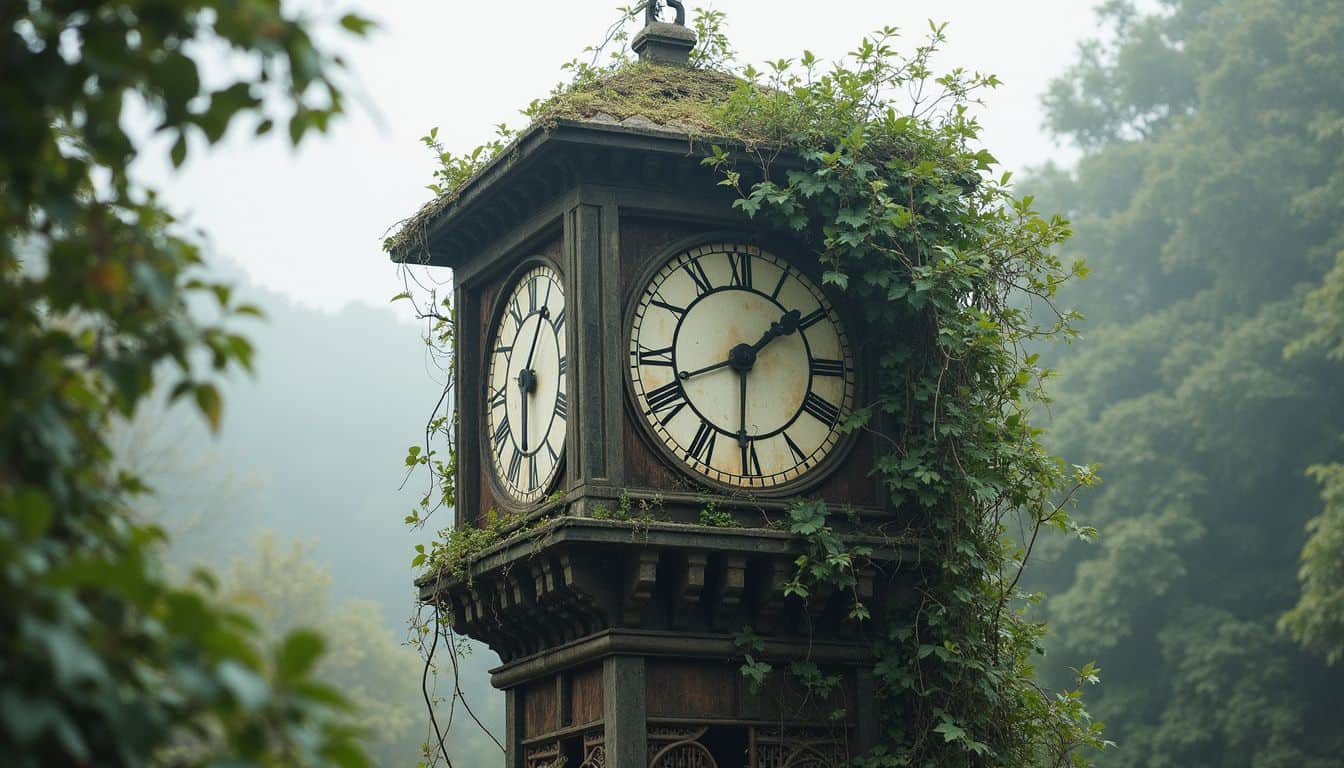 An old clock tower is overgrown with vines, partially hidden by mist and blending into its natural surroundings. An old clock tower is overgrown with vines, partially hidden by mist and blending into its natural surroundings.