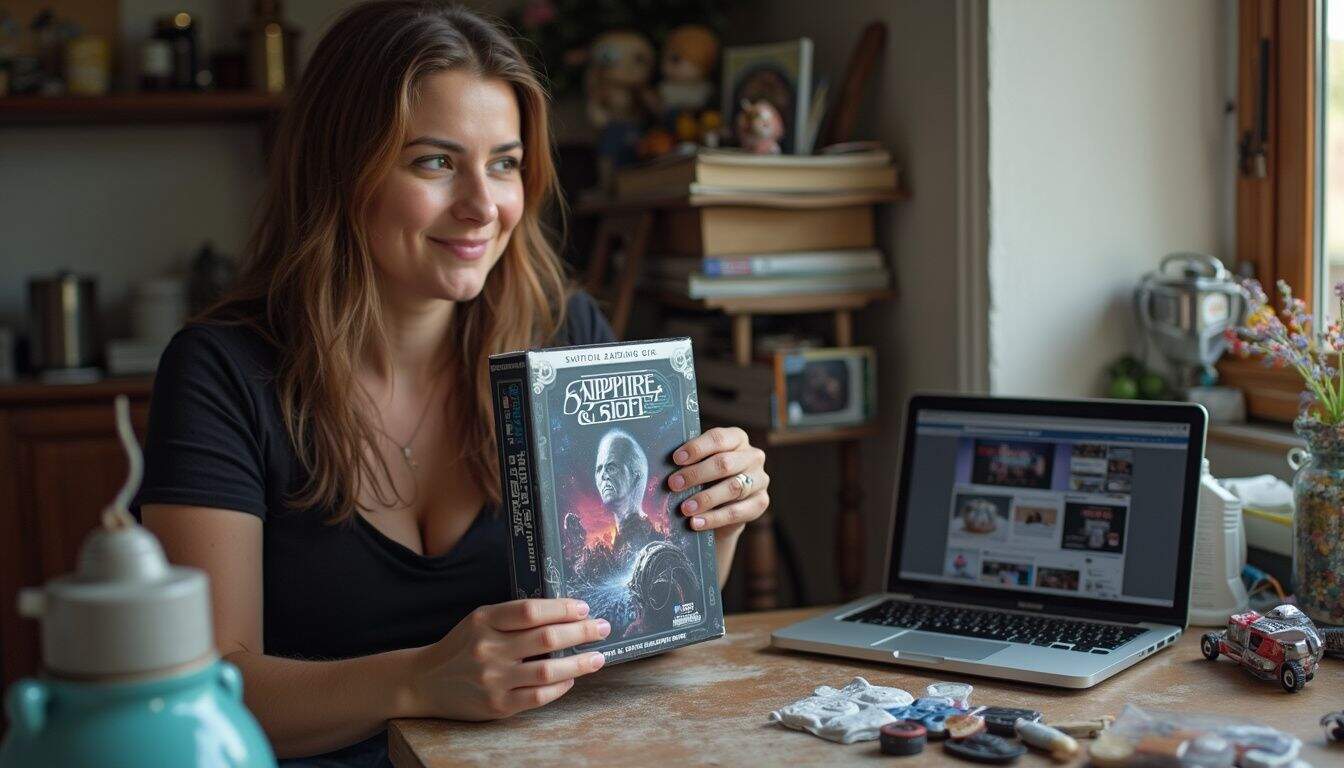A woman in her late 30s casually examines a Sapphire & Steel DVD amidst sci-fi collectibles and a laptop. A woman in her late 30s casually examines a Sapphire & Steel DVD amidst sci-fi collectibles and a laptop.