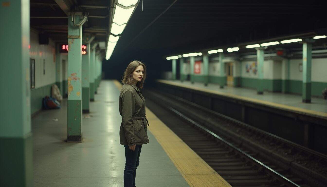 A woman in her 40s waits alone on a quiet, worn train platform, appearing natural and unposed. A woman in her 40s waits alone on a quiet, worn train platform, appearing natural and unposed.