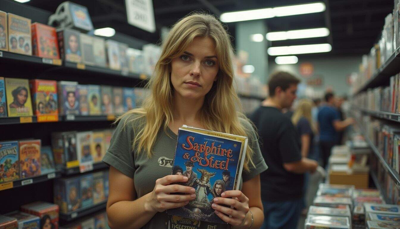 A casually dressed woman browses a cluttered comic convention booth while holding a Sapphire & Steel comic book. A casually dressed woman browses a cluttered comic convention booth while holding a Sapphire & Steel comic book.