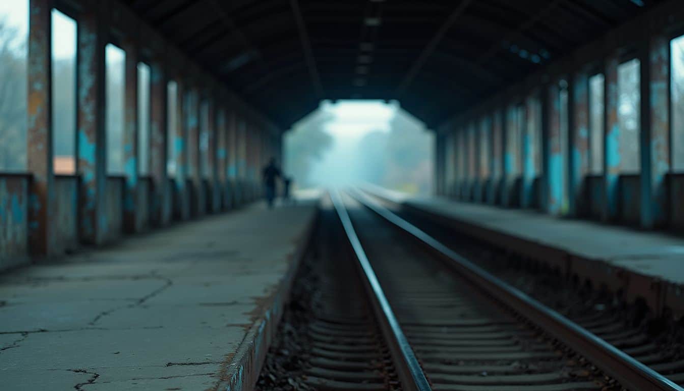 A neglected, rundown railway station captures a quiet moment of abandonment amidst cracked concrete and rusty rails. A neglected, rundown railway station captures a quiet moment of abandonment amidst cracked concrete and rusty rails.