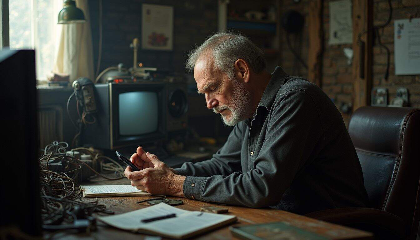 An older man is setting up in a cluttered, retro British TV studio for a supernatural show. An older man is setting up in a cluttered, retro British TV studio for a supernatural show.