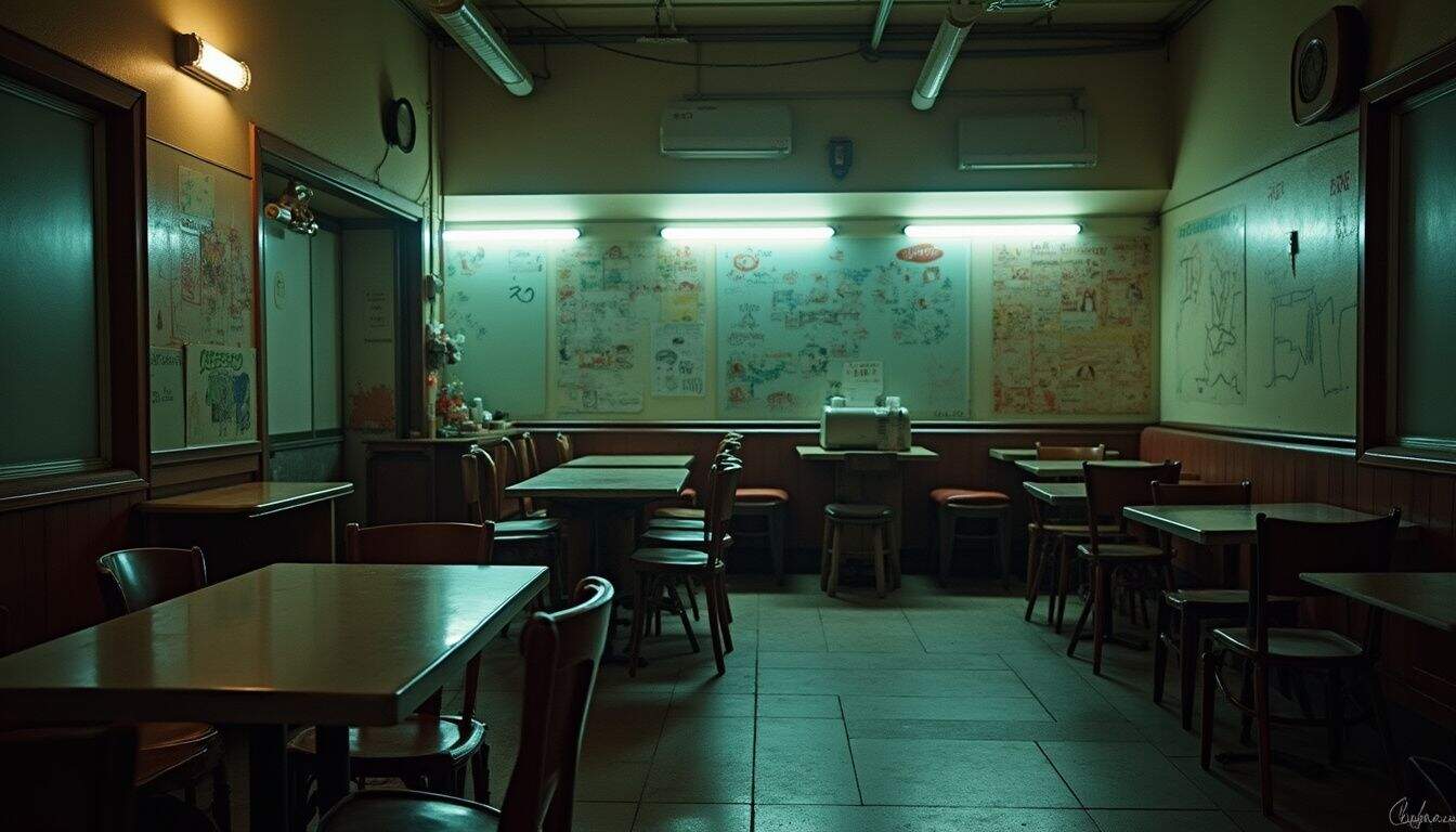 A nearly empty motorway café at night evokes a sense of loneliness and neglect with its worn furniture and scattered items. A nearly empty motorway café at night evokes a sense of loneliness and neglect with its worn furniture and scattered items.