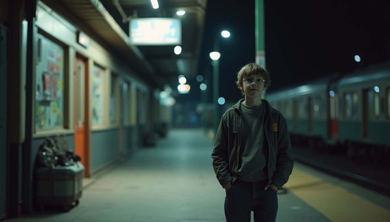 A 10-year-old boy stands alone at a quiet, worn railway station at night, looking relaxed and natural. A 10-year-old boy stands alone at a quiet, worn railway station at night, looking relaxed and natural.