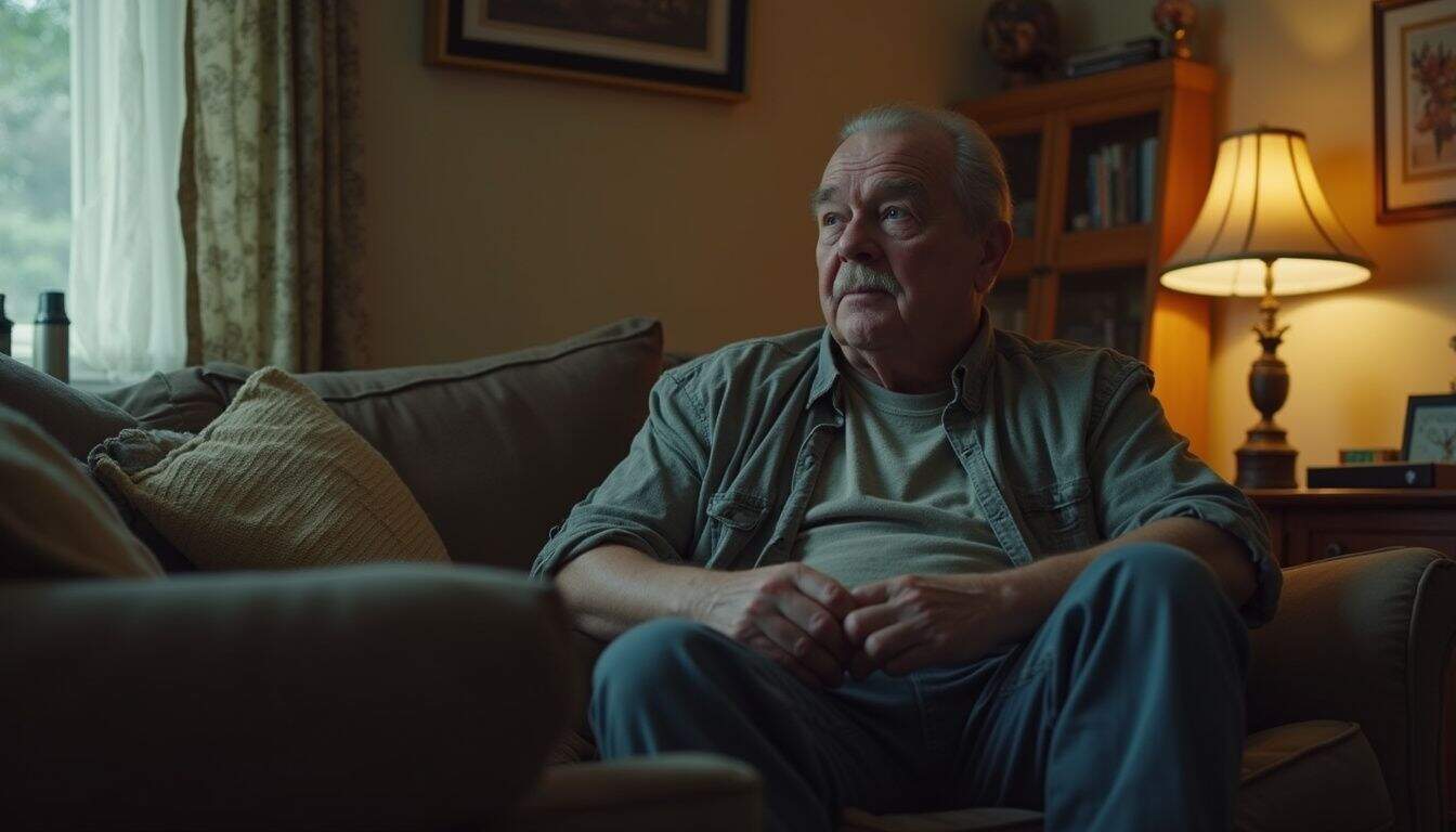 A casually dressed man in his 40s sits thoughtfully in a modest, lived-in living room from the '80s.