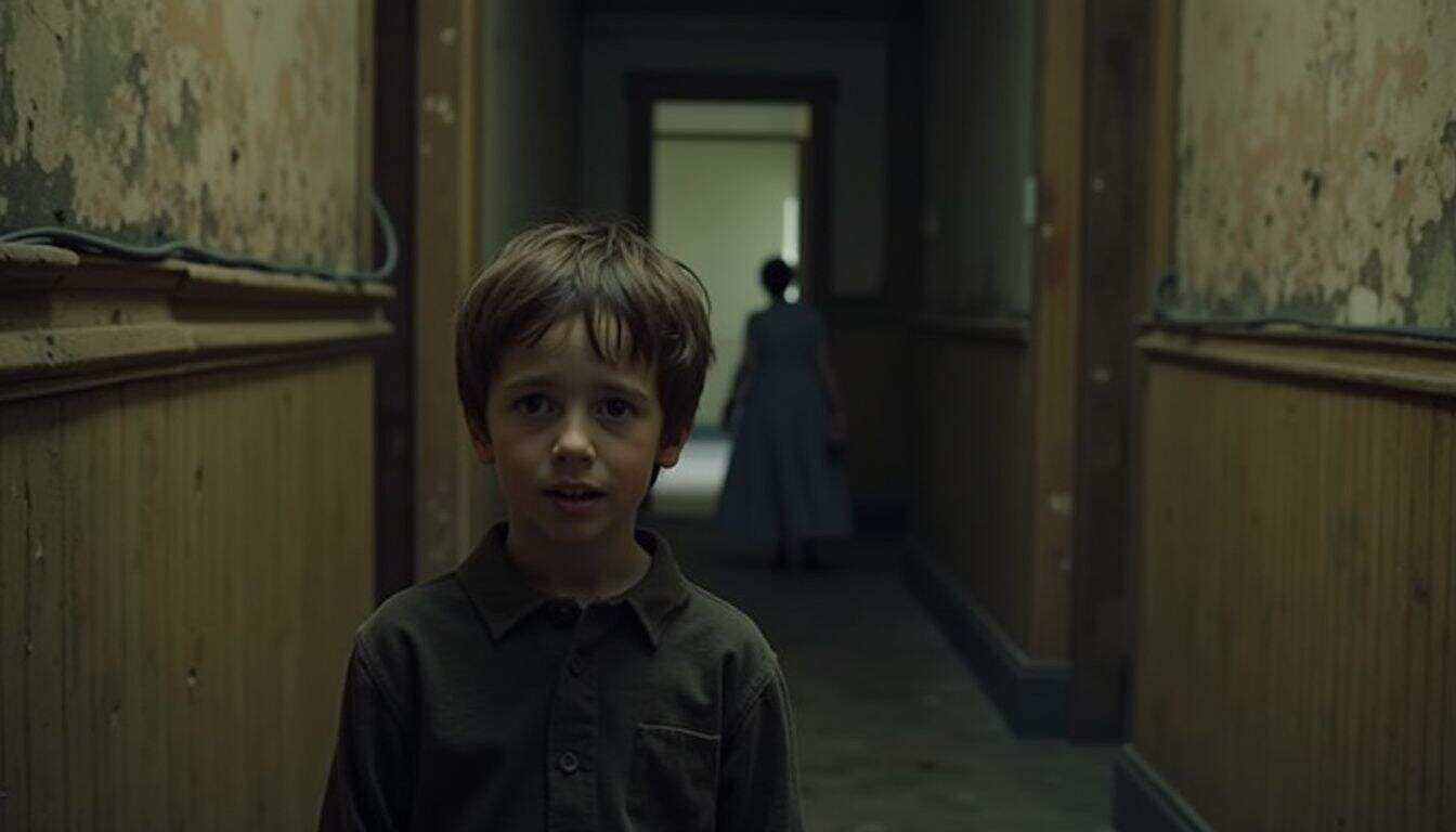 A young boy stands nervously in a rundown Victorian house, disturbed by a shadowy figure in the background. A young boy stands nervously in a rundown Victorian house, disturbed by a shadowy figure in the background.