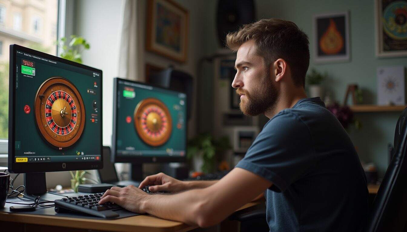 Player trying an online roulette game on a desktop at a messy desk. Player trying an online roulette game on a desktop at a messy desk.