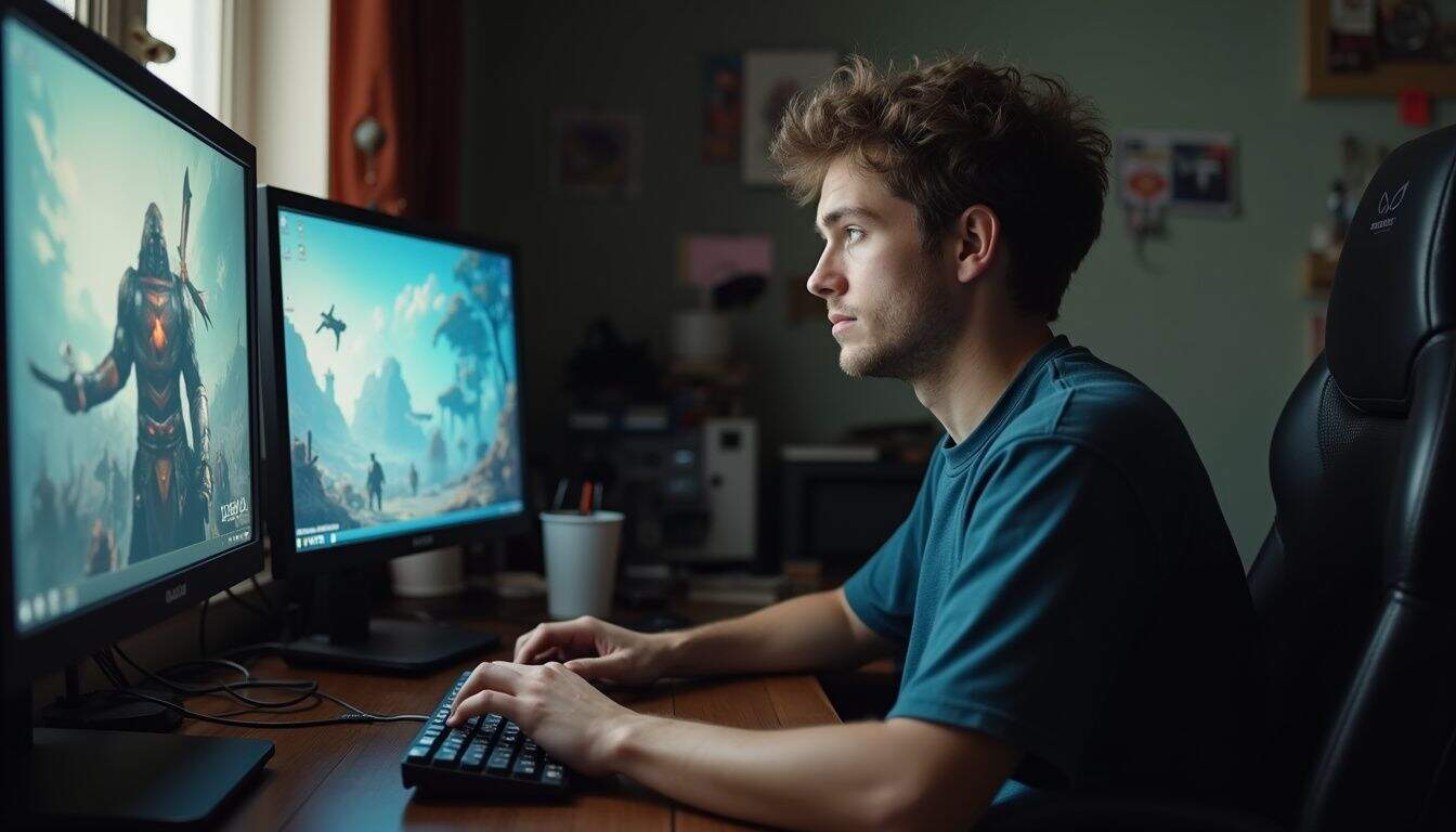 Focused player at a cluttered desk, locked in on a video game. Focused player at a cluttered desk, locked in on a video game.