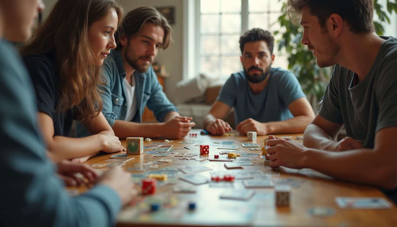 Group playing a tabletop game with dice and cards scattered, cozy vibe. Group playing a tabletop game with dice and cards scattered, cozy vibe.