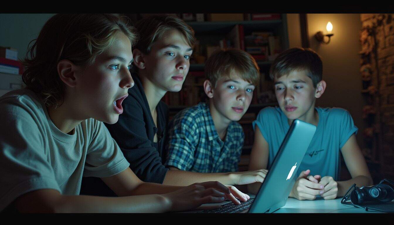 Teens sharing a table, focused on a shared gaming session. Teens sharing a table, focused on a shared gaming session.