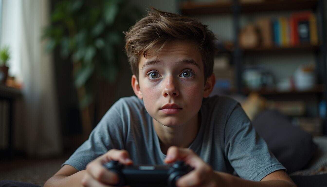 Teen gaming in a cozy room, eyes on the screen, focused and calm. Teen gaming in a cozy room, eyes on the screen, focused and calm.