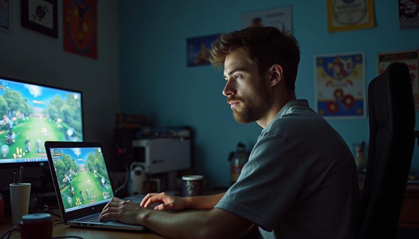Gamer studies a busy screen, outcome still in doubt late in the match. Gamer studies a busy screen, outcome still in doubt late in the match.