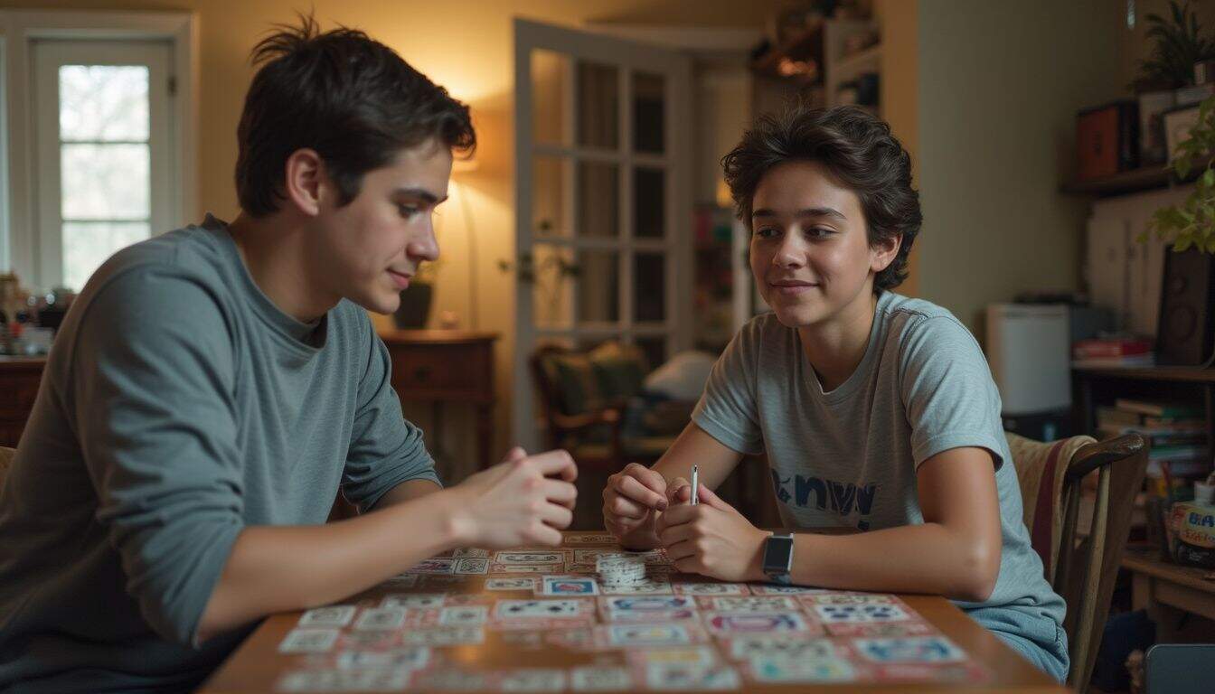 Two friends play a casual card duel in a comfy living room. Two friends play a casual card duel in a comfy living room.