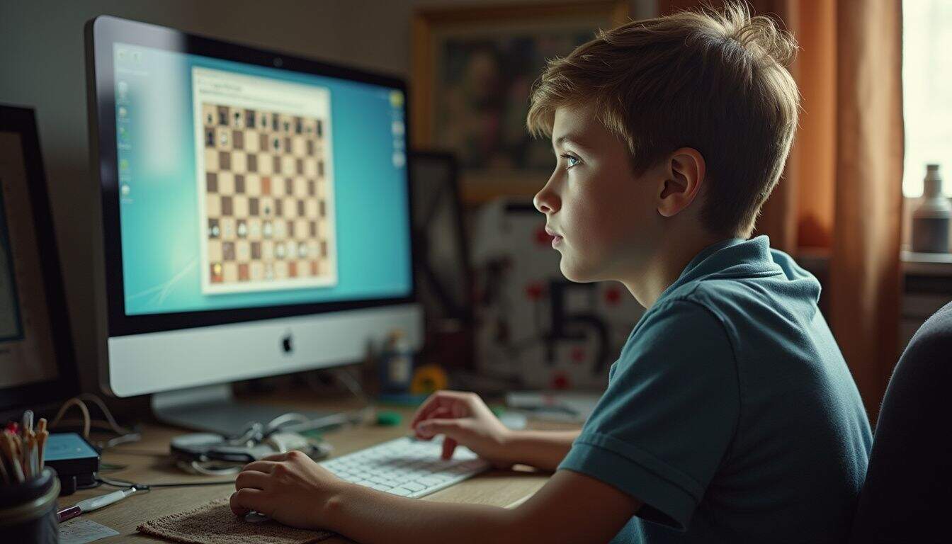 Teen studying a chess position on a computer, desk cluttered with notes. Teen studying a chess position on a computer, desk cluttered with notes.