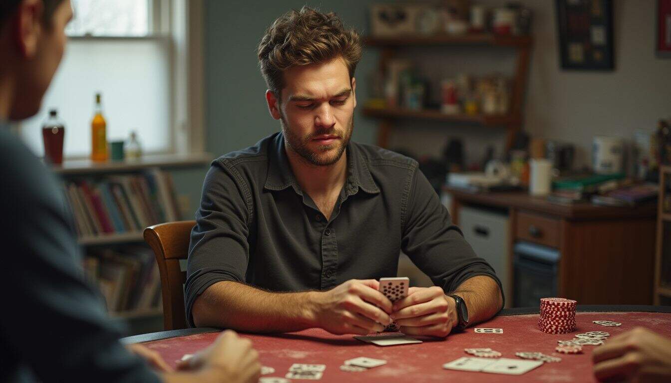 Player pauses at a poker table, weighing risk and odds. Player pauses at a poker table, weighing risk and odds.