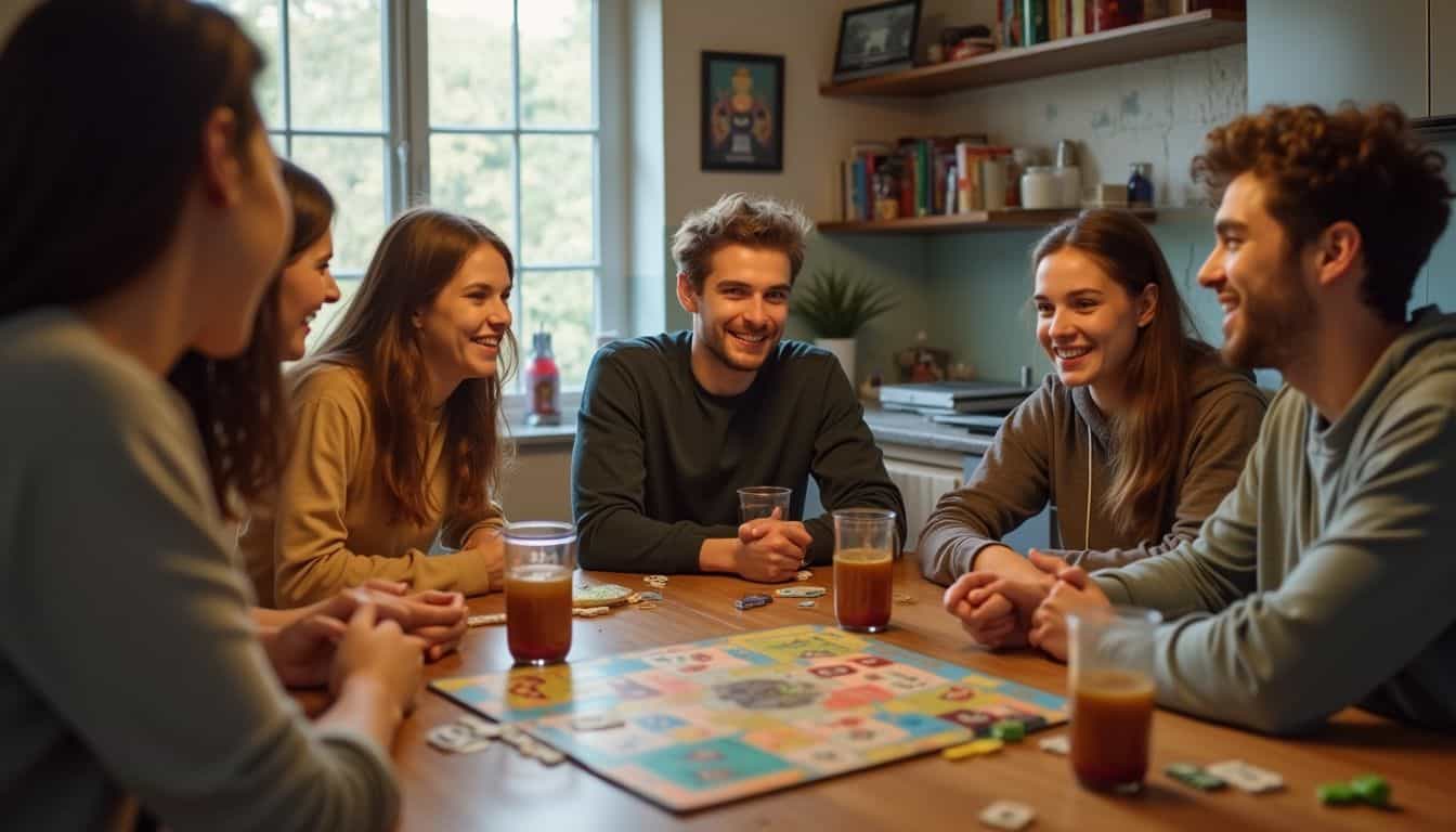 Group of friends around a snack-strewn table playing party games. Group of friends around a snack-strewn table playing party games.