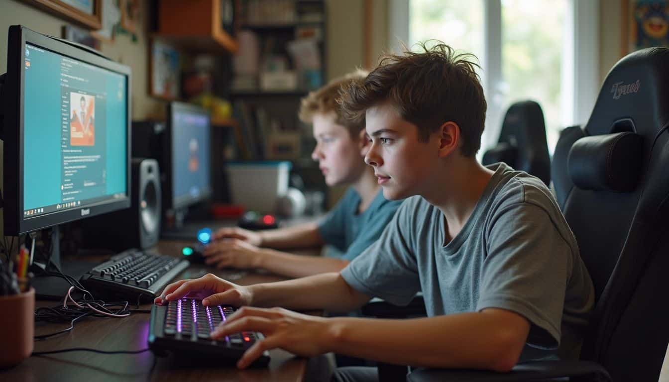 Two teens sharing a cramped gaming corner, battling head to head. Two teens sharing a cramped gaming corner, battling head to head.