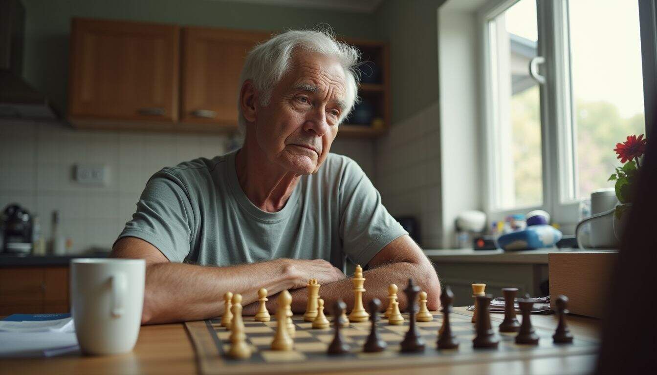 Older player runs solo chess at a kitchen table, calm but tired. Older player runs solo chess at a kitchen table, calm but tired.