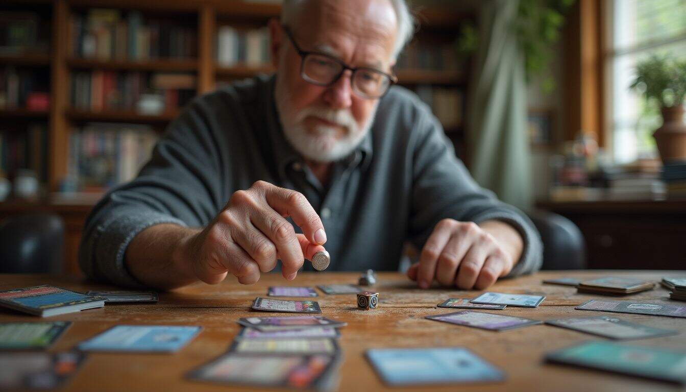 Older player flips a coin beside cards and dice on a cluttered table. Older player flips a coin beside cards and dice on a cluttered table.