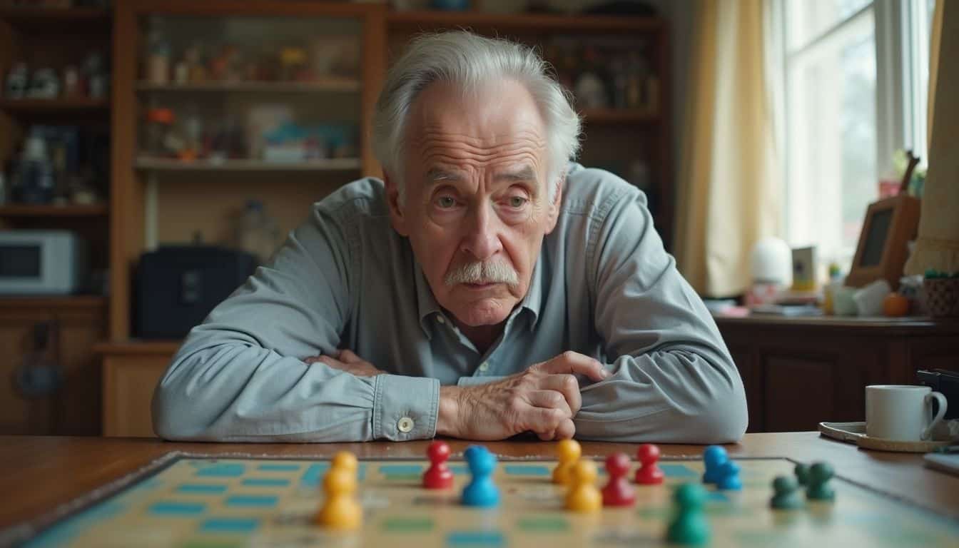 Older player reacts to a swingy turn while studying a board state. Older player reacts to a swingy turn while studying a board state.