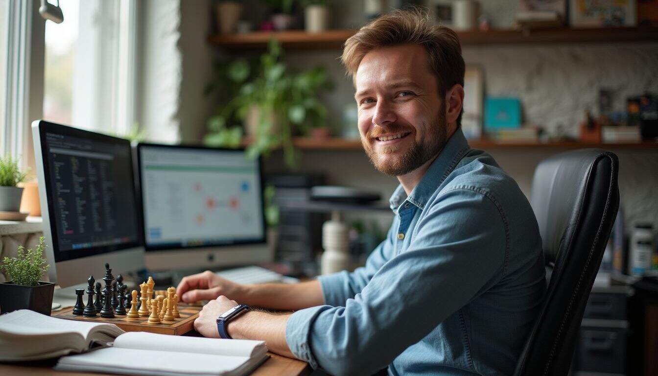 Adult at a busy desk with monitors and a chessboard, thinking through moves. Adult at a busy desk with monitors and a chessboard, thinking through moves.