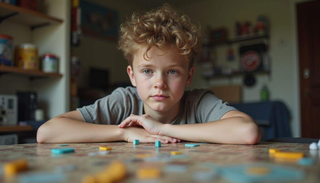 Teen at a kitchen table mid-game, pieces scattered, planning next move. Teen at a kitchen table mid-game, pieces scattered, planning next move.