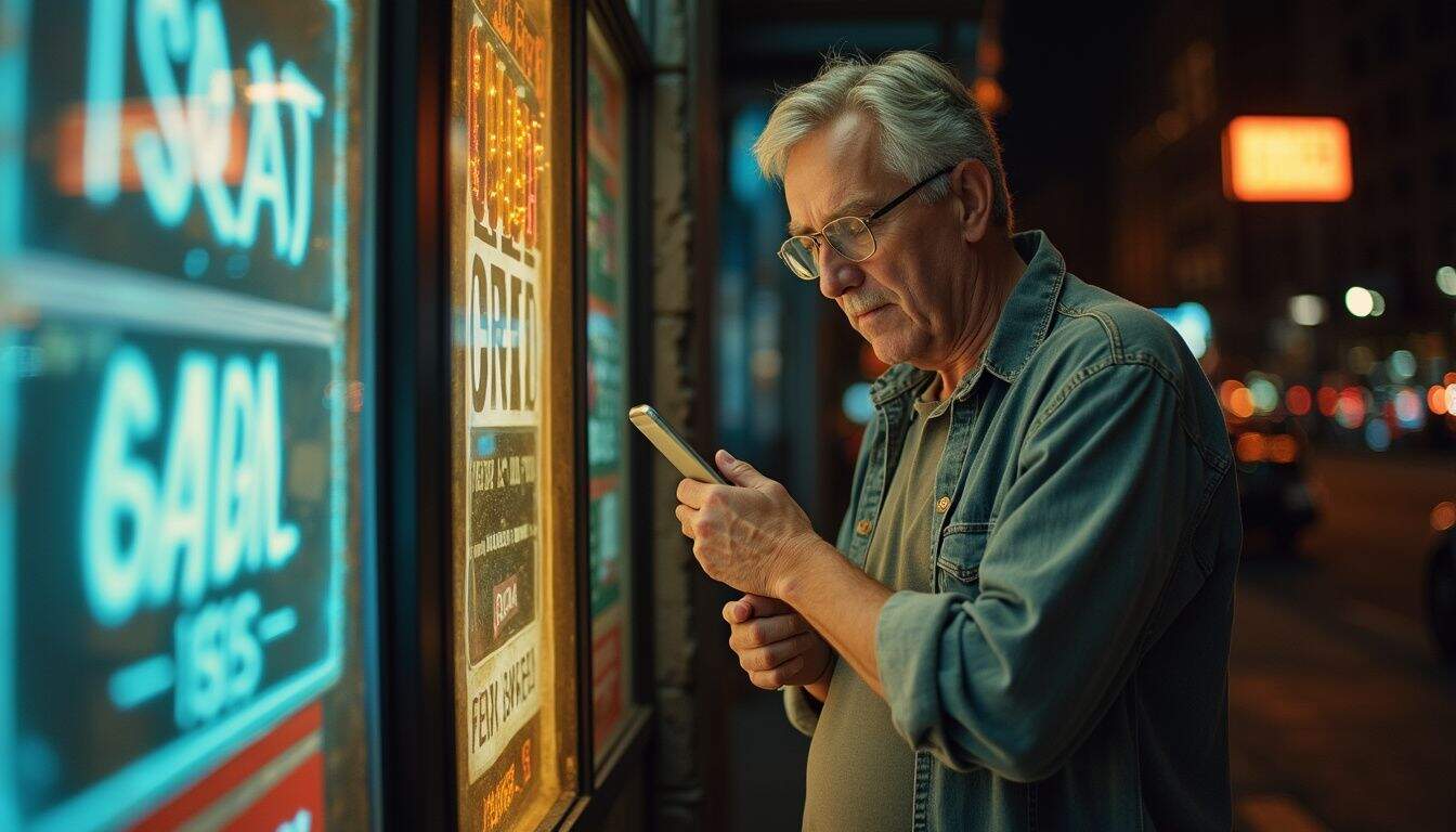 A middle-aged business owner stands outside their bustling shop, examining an old sign next to a modern digital display. A middle-aged business owner stands outside their bustling shop, examining an old sign next to a modern digital display.