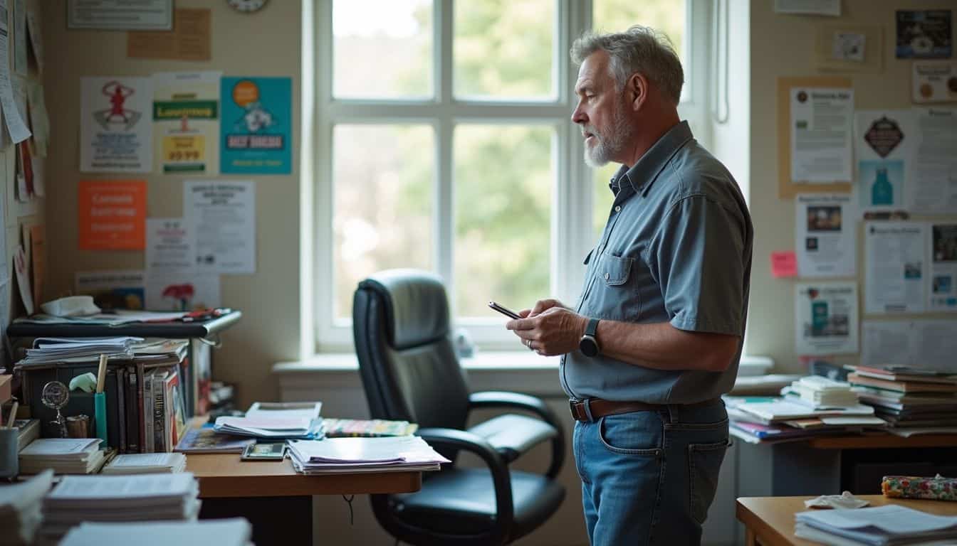 A middle-aged person casually reviews printed and digital materials in a cluttered, informal office environment. A middle-aged person casually reviews printed and digital materials in a cluttered, informal office environment.